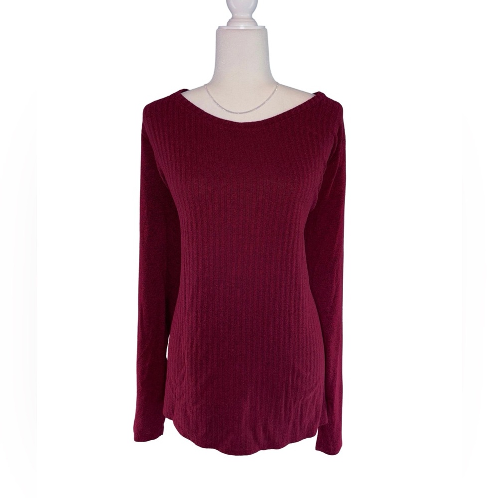 EVRI Burgundy Red Ribbed Knit Long Sleeve Stretch Top Plus Size 3X
